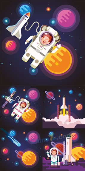 卡通宇航员与火箭矢量插画